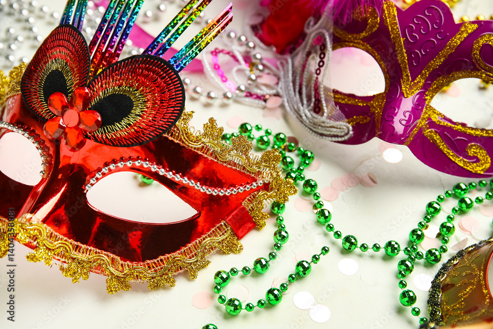 Fototapeta premium Beautiful carnival masks with confetti and decor on white background. Closeup