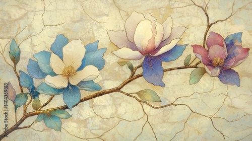 Vintage Floral Artwork with Magnolia Blossoms – Artistic Botanical Illustration on Aged Textured Background