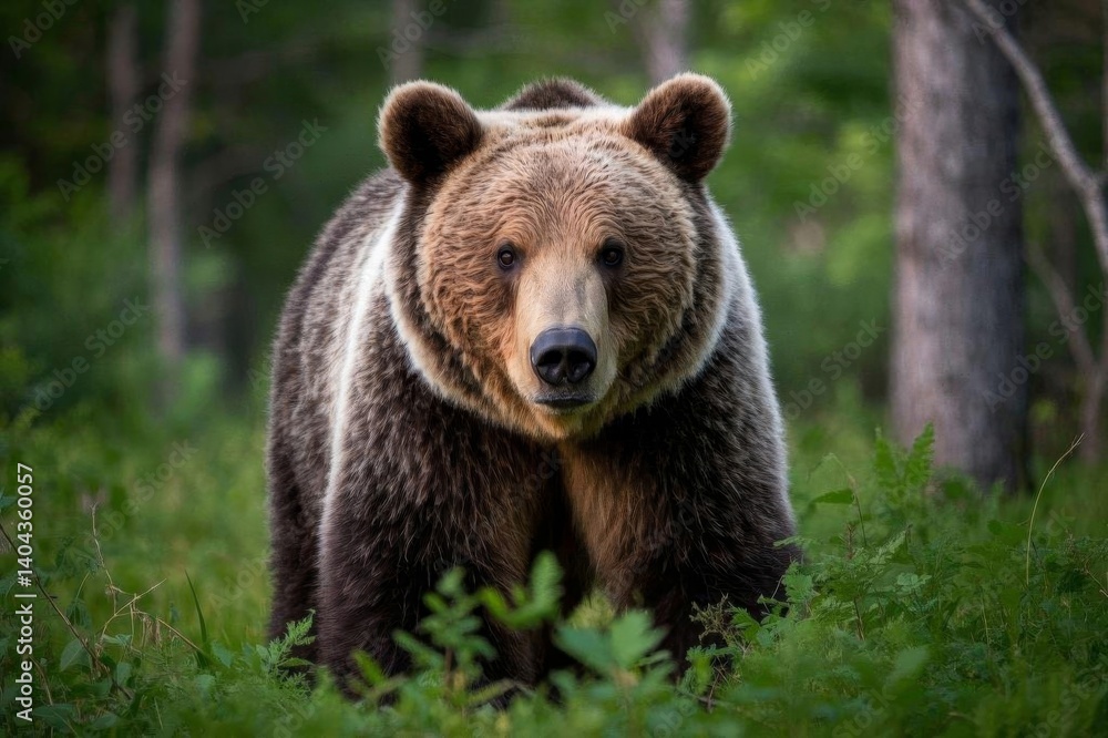 there is a brown bear walking through a forest with tall trees there is a brown bear walking through a forest with tall trees
