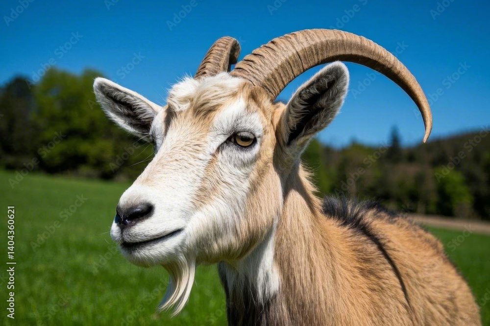 there is a goat with long horns standing in a field there is a goat with long horns standing in a field