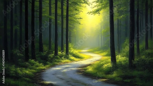 Sun-Dappled Path in Lush Forest: A serene path winds its way through a sun-drenched forest, where towering trees create a symphony of light and shadow.