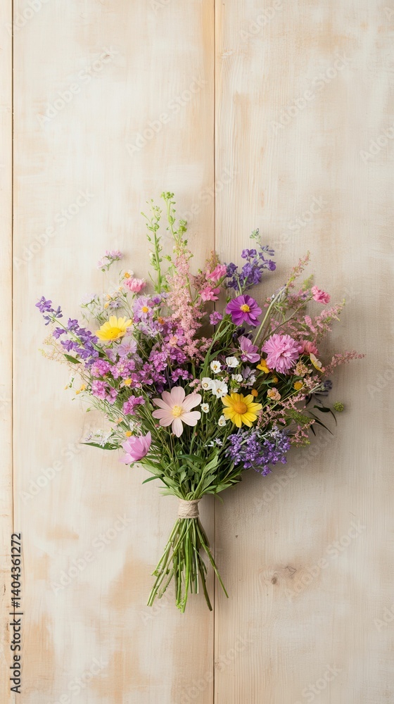Fototapeta premium Colorful wildflowers bouquet, tied, wood background.