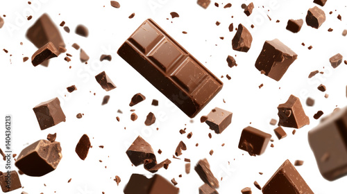 Flying Pieces of Chocolate Isolated on White Background