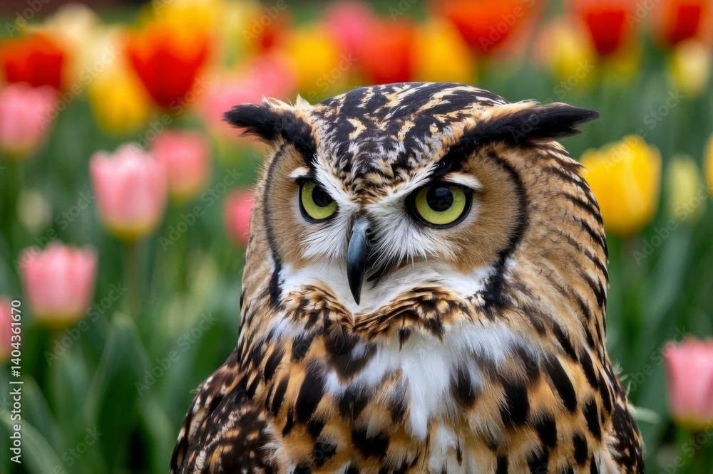 Obraz premium there is a owl that is standing in front of a field of flowers