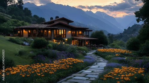 Tranquil mountain home at dusk. Lush gardens surround a stately residence