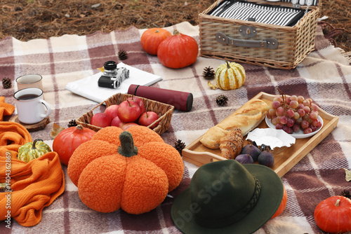Picnic wicker basket with pumpkins, cups of tea and tasty food on plaid in autumn park
