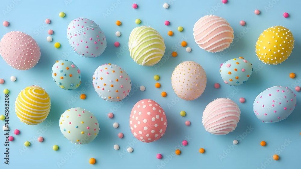 Fototapeta premium Easter concept. Top view photo of easter bunny ears colorful eggs and sprinkles on isolated light blue background with copyspace