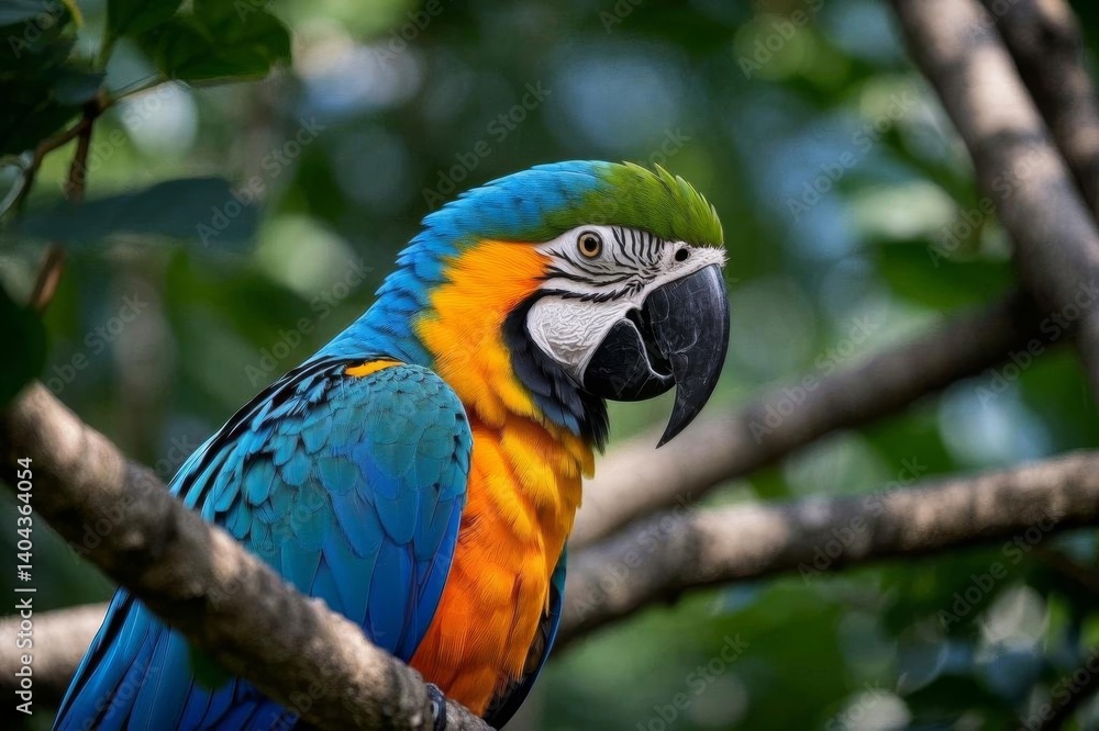 Obraz premium araffy blue and yellow parrot perched on a branch in a tree