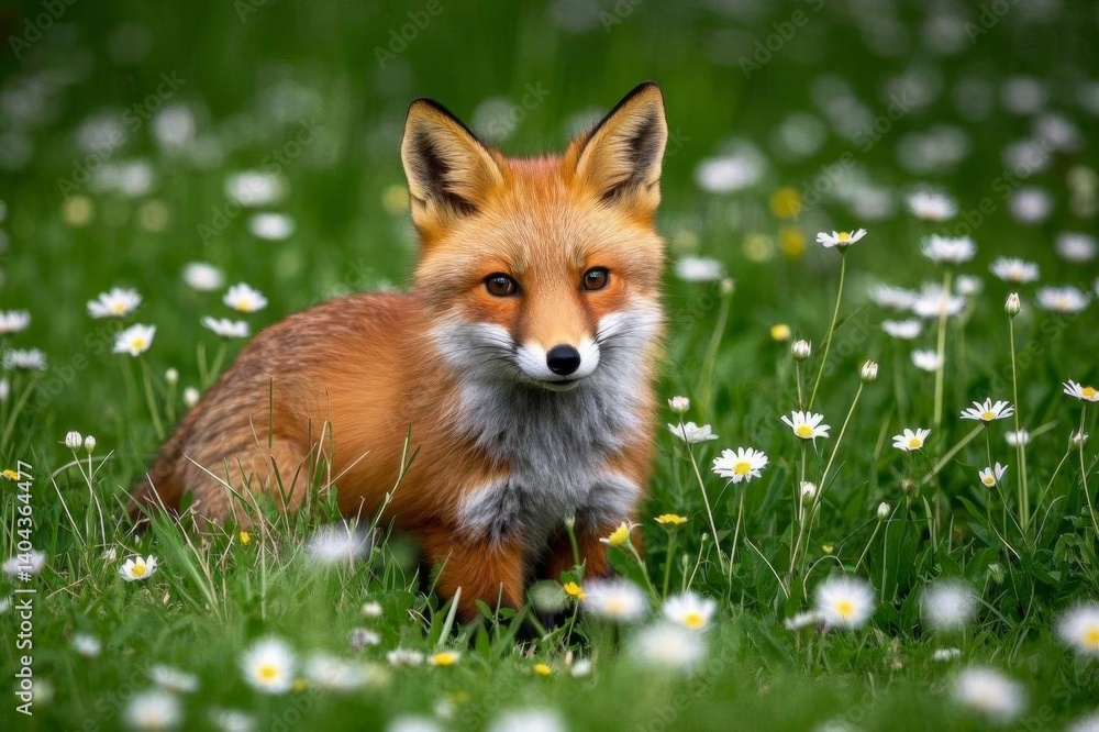 Fototapeta premium there is a fox that is sitting in the grass with daisies