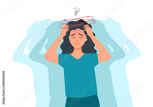 Woman feels dizzy caused by hangover or intracranial pressure, stands with stars above head. Problem of dizzy or dizziness in girl experiencing problems with well-being and health.
