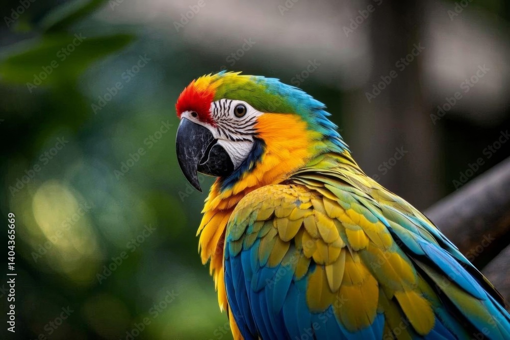 brightly colored parrot sitting on a branch with green leaves in the background brightly colored parrot sitting on a branch with green leaves in the background