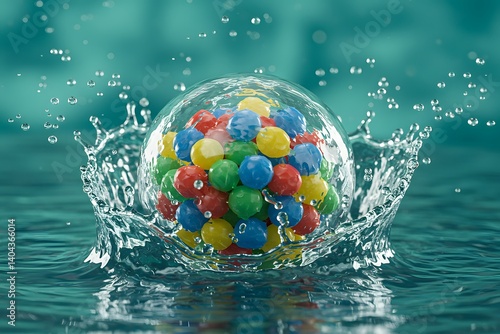 highlighting the environmental impact of plastic pollution in oceans and drinking water sources. Close-up of microplastics floating in clear water, close-up of a transparent sphere filled with colorfu