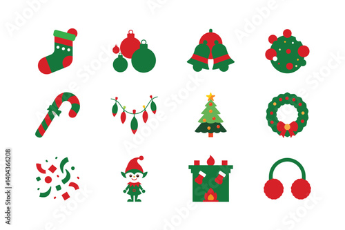 Christmas holiday vector icon set includes tree, santa, snowman, and gift decorations for winter celebration