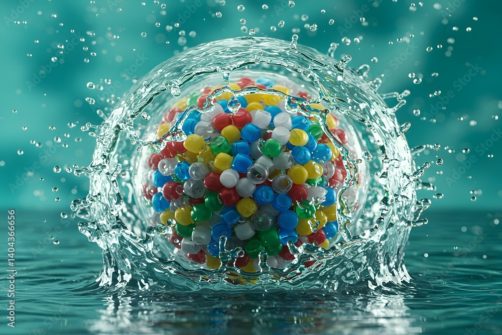close-up of a transparent sphere filled with colorful plastic microbeads submerged in water, highlighting the environmental impact of plastic pollution in oceans and drinking water sources.