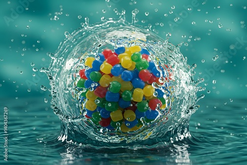 close-up of a transparent sphere filled with colorful plastic microbeads submerged in water, highlighting the environmental impact of plastic pollution in oceans and drinking water sources. 