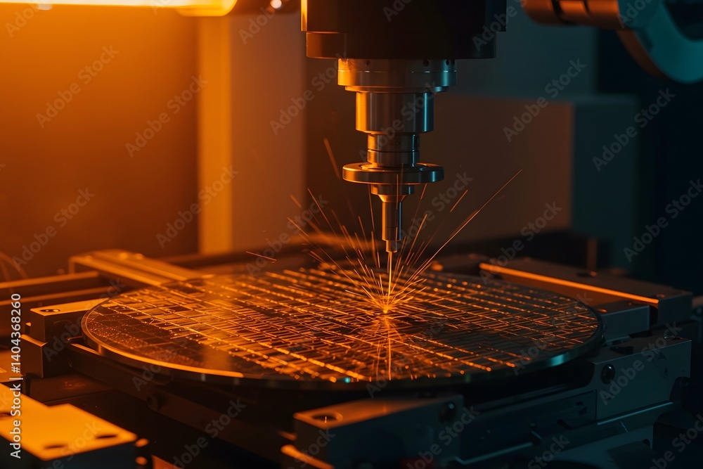 Close-up of semiconductor wafer under inspection in a fabrication facility, Close-up of a semiconductor wafer being processed by a precision robotic arm during the manufacturing process,