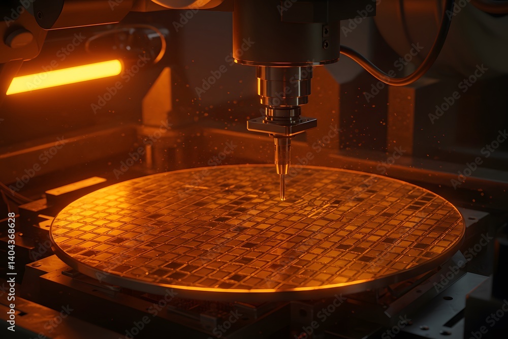 Close-up of semiconductor wafer under inspection in a fabrication facility, Close-up of a semiconductor wafer being processed by a precision robotic arm during the manufacturing process,