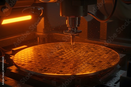 Obraz na płótnie Close-up of semiconductor wafer under inspection in a fabrication facility, Close-up of a semiconductor wafer being processed by a precision robotic arm during the manufacturing process, w salonie