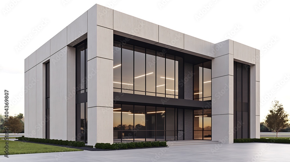 Modern Concrete Office Building with Glass Facade at Sunset Modern Concrete Office Building with Glass Facade at Sunset