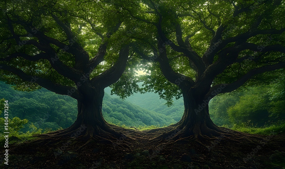 Obraz premium Intertwined trees in woodland showing growth, family roots, and metaphor for strong sibling bond, ideal for Siblings Day and nature concepts 