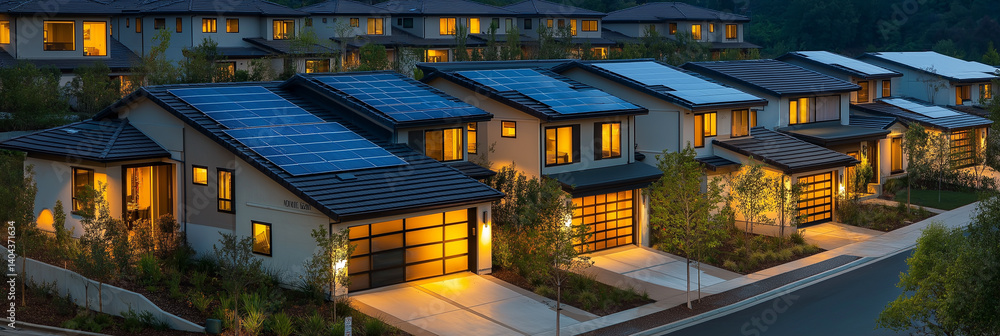 Smart homes glow under solar panels and geothermal heating in green neighborhood