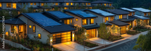Smart homes glow under solar panels and geothermal heating in green neighborhood