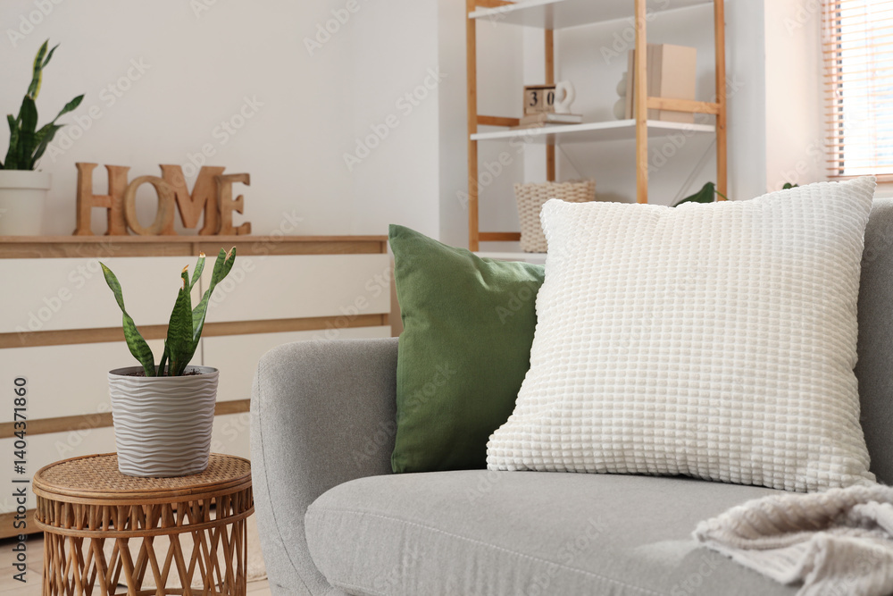 Soft cushions on grey sofa in living room