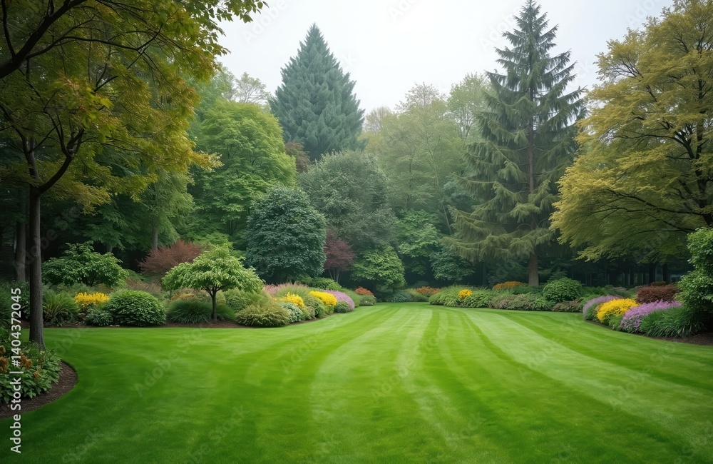 Fototapeta premium Landscaped park with green lawn, flower beds. Evergreen, seasonal trees bushes in backyard garden on overcast weather. Nature park with nobody, tranquil background.
