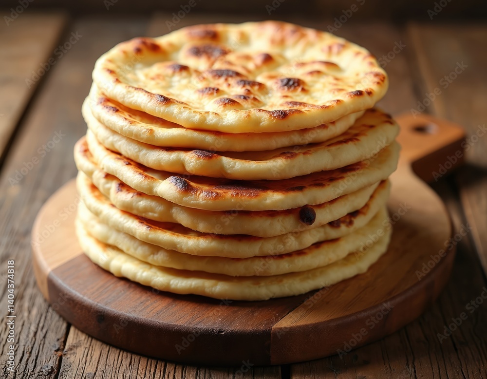 Stack fresh baked flatbreads on wooden board. Rustic warm appetizing feeling. Homemade round bread, ideal meal, comfort snack. Healthy eating, traditional food, bakery, cooking. Stack fresh baked flatbreads on wooden board. Rustic warm appetizing feeling. Homemade round bread, ideal meal, comfort snack. Healthy eating, traditional food, bakery, cooking.