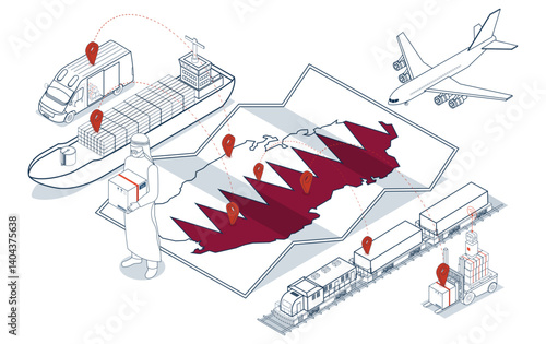 Qatar logistics concept with Transportation operation service, Export, Import, Cargo, Air, Road, Maritime, Delivery. Vector illustration EPS 10