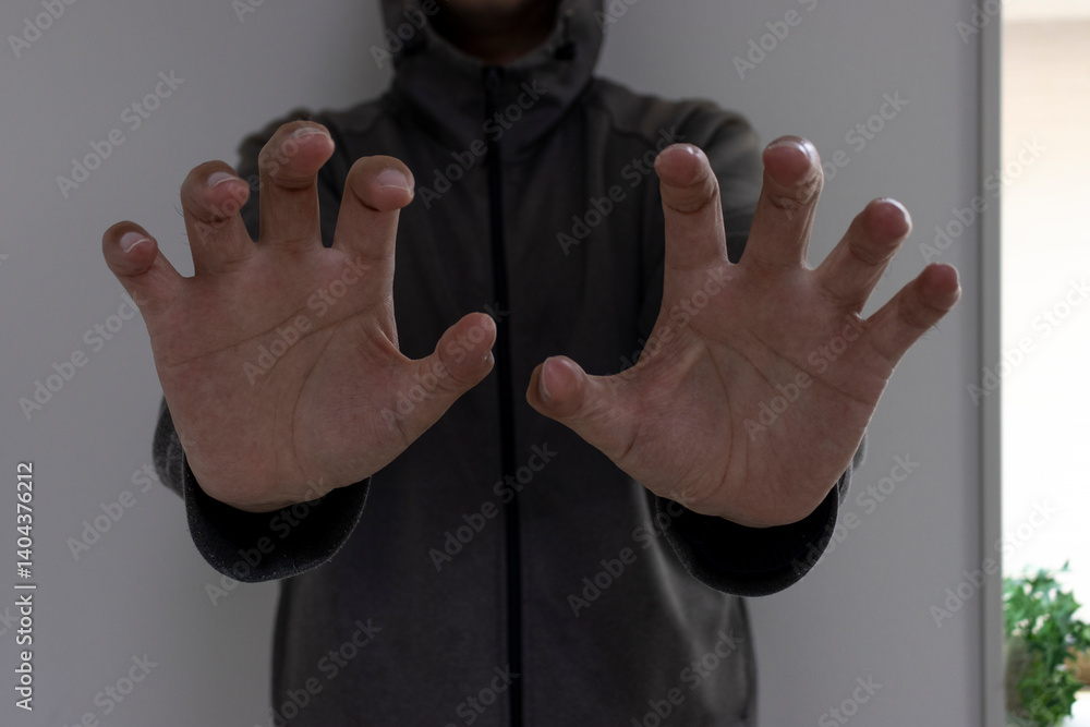 暗い部屋で何かを掴もうと手を伸ばす怪しい男
