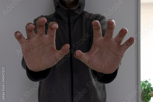 Obraz na płótnie 暗い部屋で何かを掴もうと手を伸ばす怪しい男 w salonie