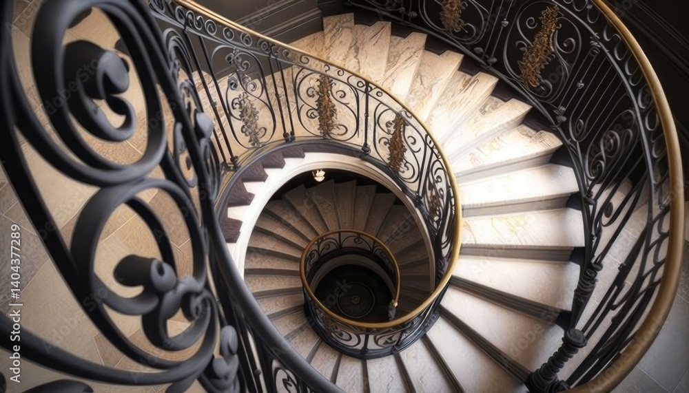 Obraz premium Captivating details of a wrought iron staircase captured from an overhead angle.