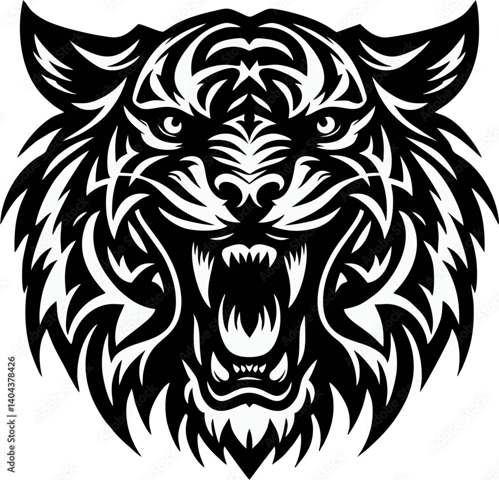 A bold black and white tribal-style illustration of a roaring tiger head, with sharp eyes, open mouth, visible fangs, and symmetrical design. Ideal for logo or tatto A bold black and white tribal-style illustration of a roaring tiger head, with sharp eyes, open mouth, visible fangs, and symmetrical design. Ideal for logo or tatto