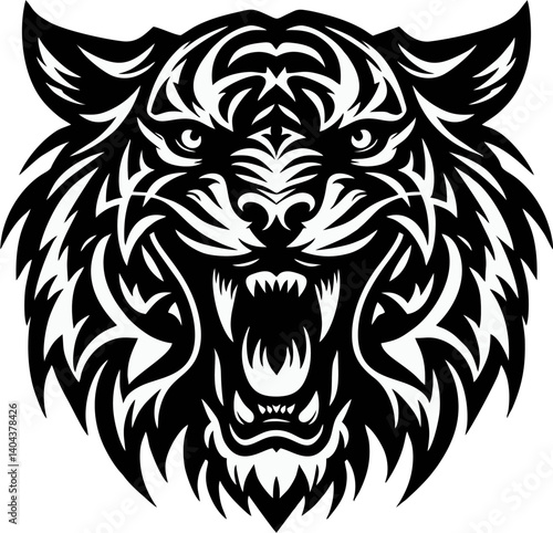 A bold black and white tribal-style illustration of a roaring tiger head, with sharp eyes, open mouth, visible fangs, and symmetrical design. Ideal for logo or tatto