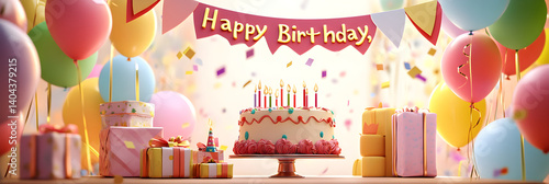 Enchanting Birthday Celebration Amidst Balloons, Cake, and Colorful Joyful Festivities