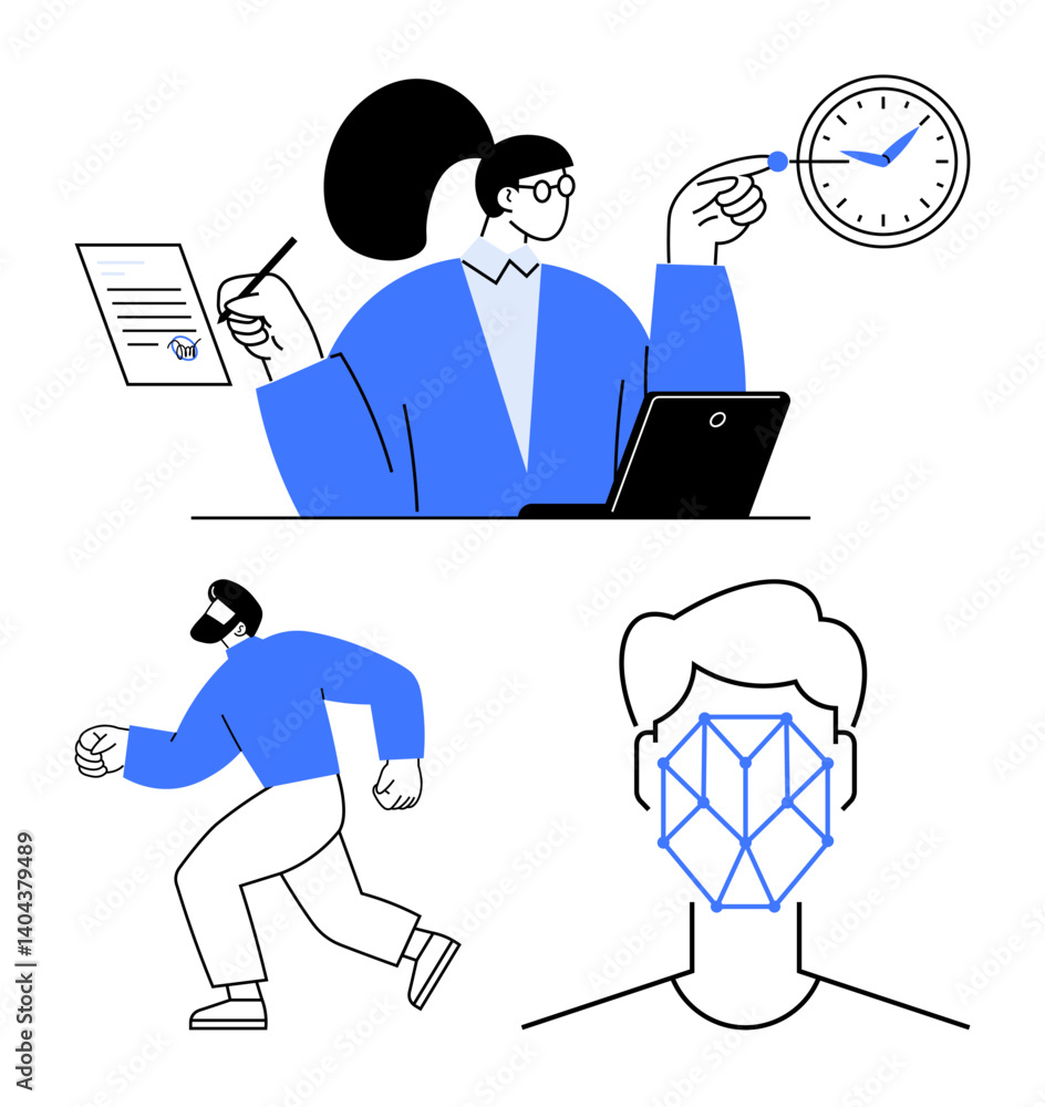 Professional working on tasks with documents and laptop, facial recognition diagram, and running figure. Ideal for time management, technology, identity, activity, productivity, efficiency analysis Professional working on tasks with documents and laptop, facial recognition diagram, and running figure. Ideal for time management, technology, identity, activity, productivity, efficiency analysis