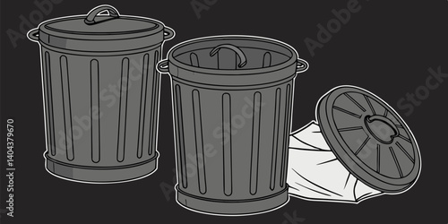 Vector illustration of dark grey trash on black background recycling trash can for waste disposal and environmental cleanliness.