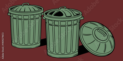 Vector illustration of green trash on dark red background recycling trash can for waste disposal and environmental cleanliness.
