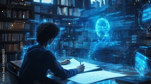 Rear perspective of a student writing notes while interacting with a holographic AI tutor in a digital library 