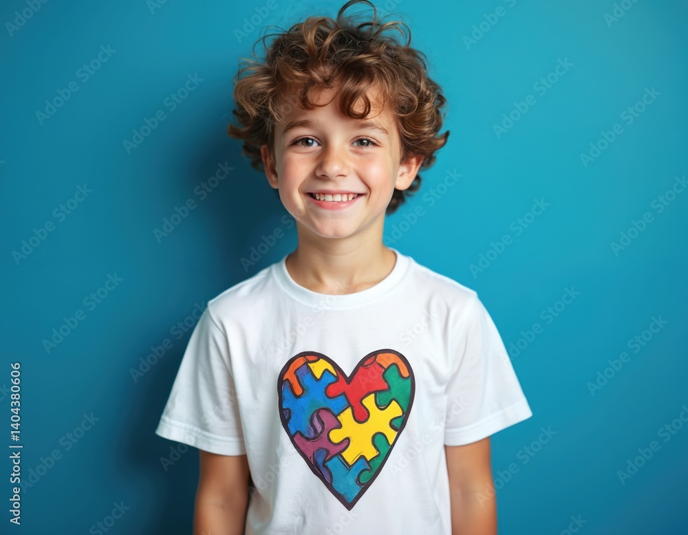 Smiling caucasian boy in white t-shirt with autism awareness heart symbol. Portrait of child on blue background, supporting World Autism Awareness Day. Concept of autism spectrum disorder. Smiling caucasian boy in white t-shirt with autism awareness heart symbol. Portrait of child on blue background, supporting World Autism Awareness Day. Concept of autism spectrum disorder.