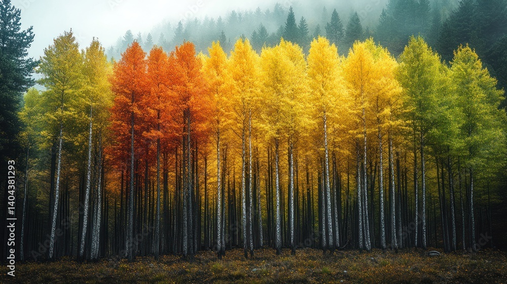 Fototapeta premium Autumnal gradient forest, misty mountains, vibrant colors