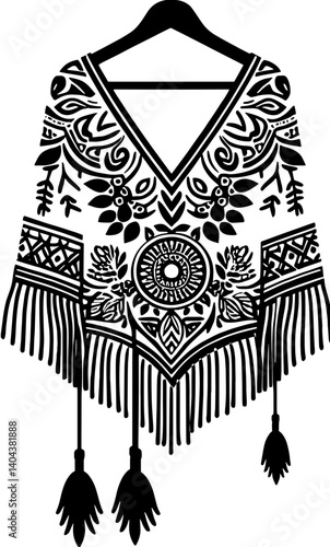 Illustration of a dress and poncho with intricate patterns in black and white color scheme
