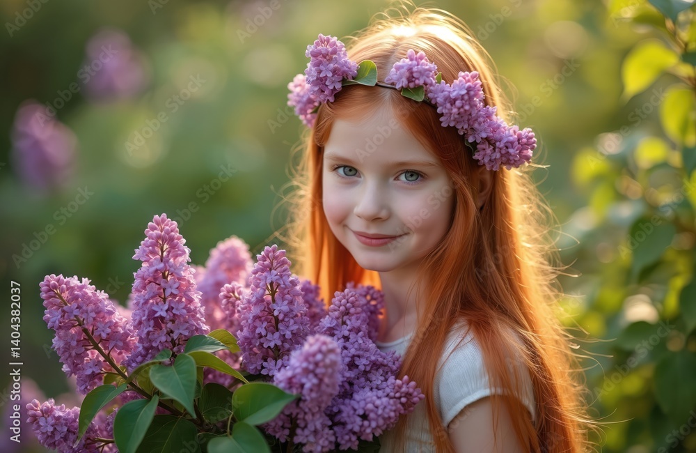 Obraz premium Young girl red hair wearing lilac flower wreath. Pretty kid in garden with flowers bouquet, spring day, gentle face expression, smiling at viewer. Girl with long red hair in spring garden in blossom.