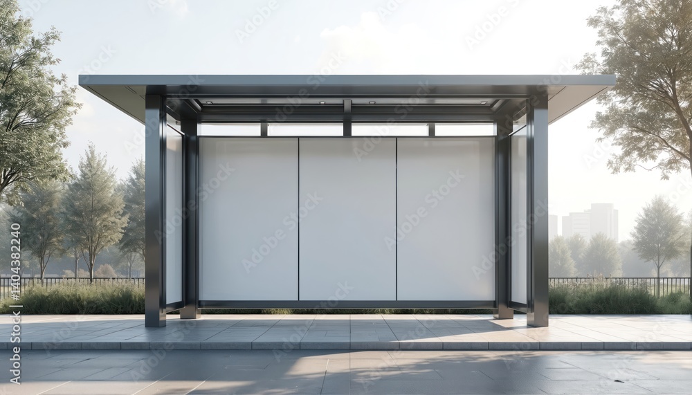Minimalist mock-up of a blank bus shelter in an urban area. Empty advertisement space on a transit stop. Clean design for advertising. Modern architecture on a street in a city. Minimalist mock-up of a blank bus shelter in an urban area. Empty advertisement space on a transit stop. Clean design for advertising. Modern architecture on a street in a city.