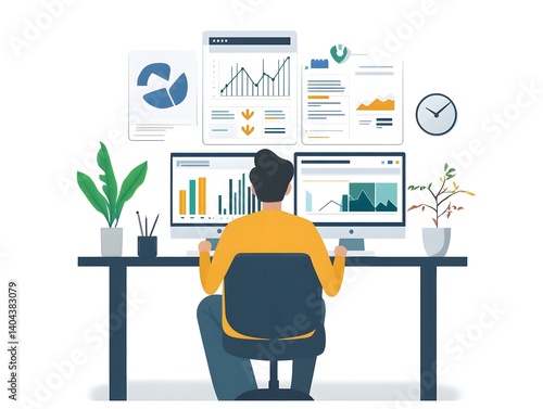 A person analyzing data on dual monitors in a modern office setting, showcasing graphs and charts. Ideal for illustrating productivity, technology, and remote work concepts.