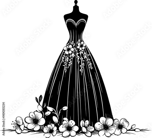 Elegant black dress on a mannequin surrounded by floral designs in a monochrome illustration