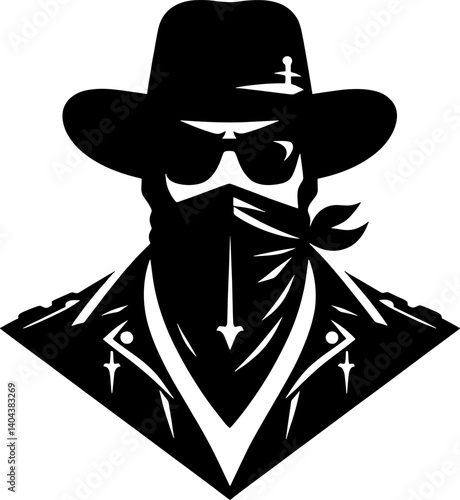 A black and white graphic of a person wearing a hat sunglasses and a bandana covering their face