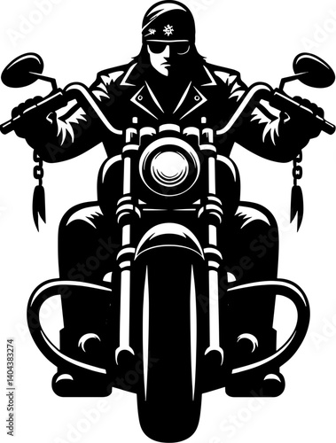 A monochrome illustration of a biker riding a motorcycle with a bandana and sunglasses on