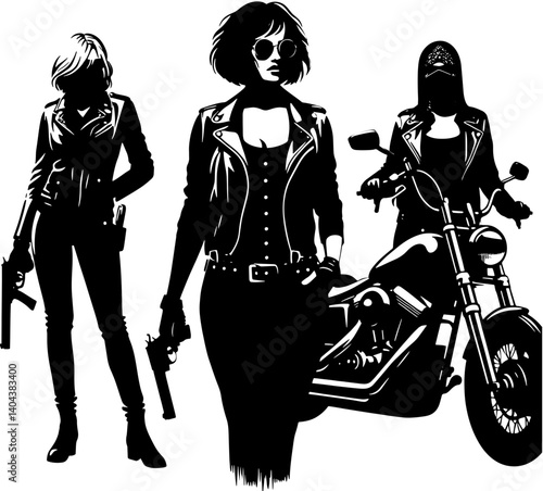 Three women in leather jackets posing with guns and a motorcycle in black and white style image